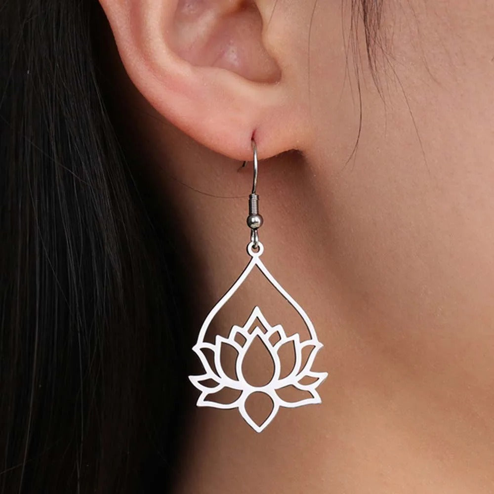Hollow Lotus Drop Earrings Women Stainless Steel Yoga Jewelry