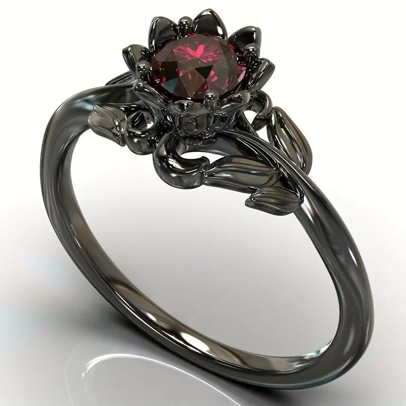 Ladies Flower Ring Gun Black Electroplated Zircon European Style