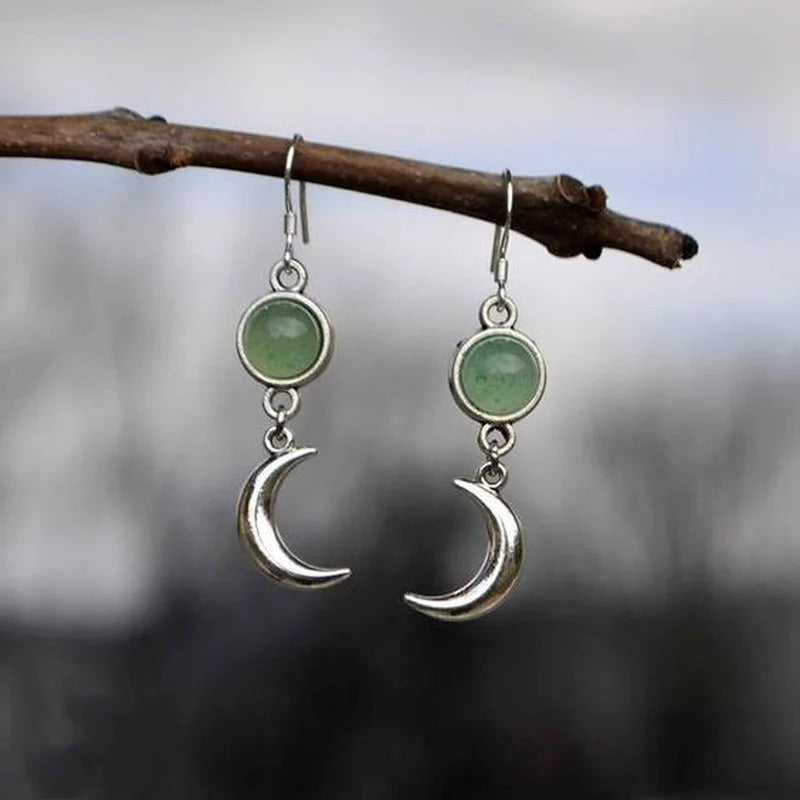 Creative Moon Earrings Silver Color Green Stone Women Jewelry