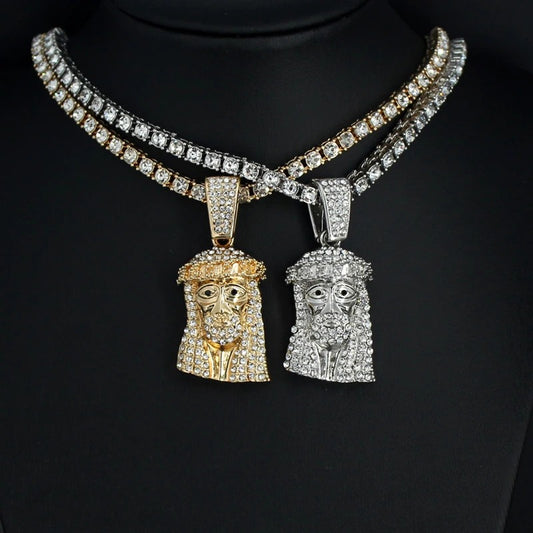 Jesus Christ Piece Head Face Pendant For Men Women Iced Out Shining Crystal Charm Necklace With Tennis Chain Hip Hop Jewelry