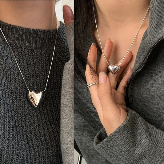 Trendy 925 Sterling Silver Retro Big Small Heart Chokers Necklace for Women Fine Jewelry Romantic Gifts