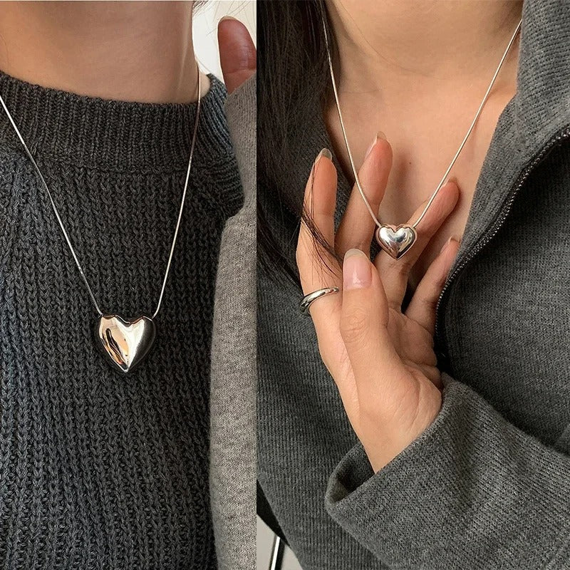 Trendy 925 Sterling Silver Retro Big Small Heart Chokers Necklace for Women Fine Jewelry Romantic Gifts