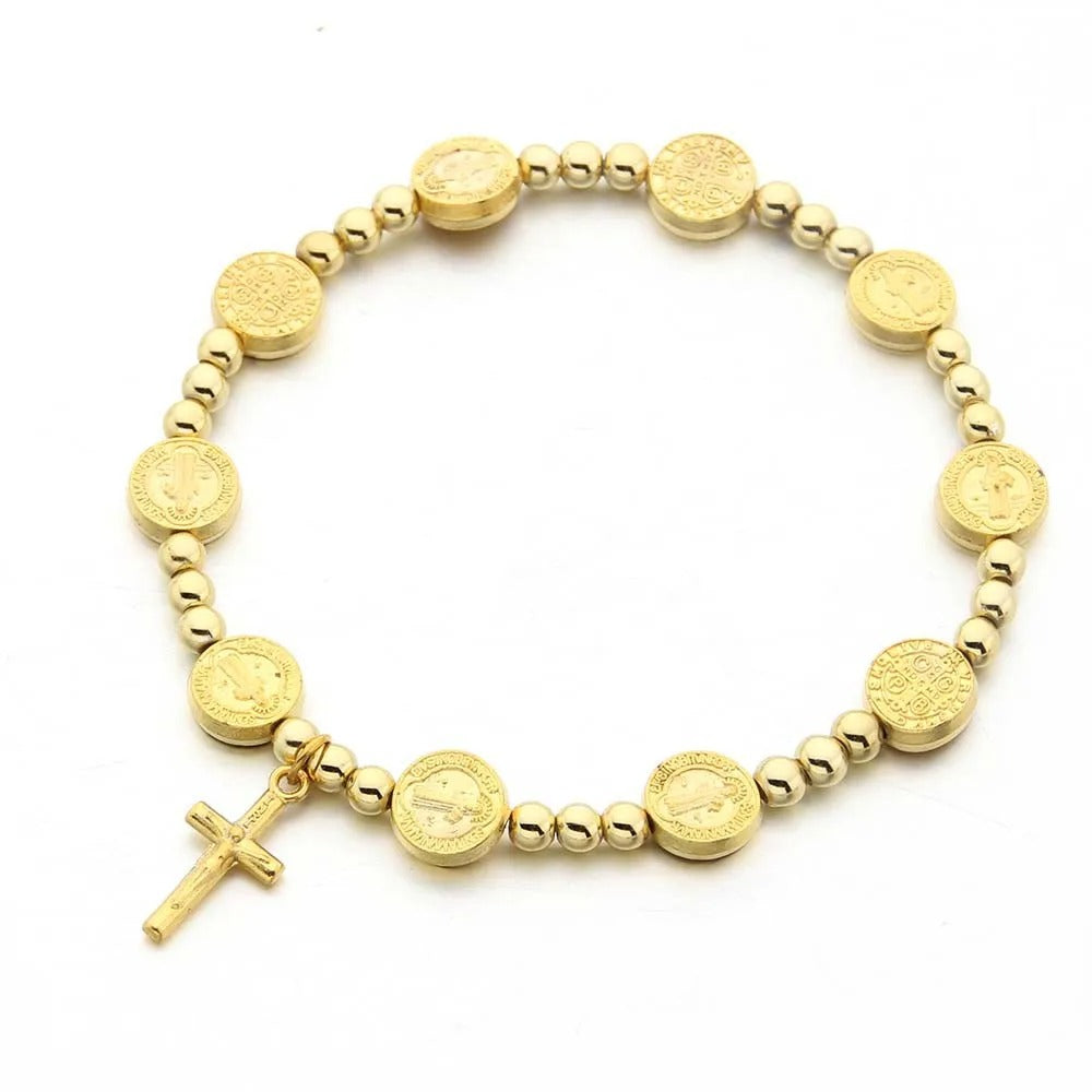 Gold Plated Saint Benedict Beads Cross Bracelet for Men & Women