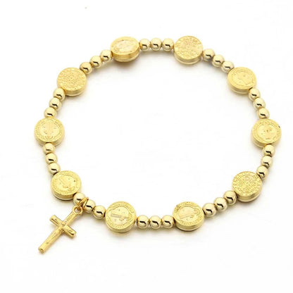 Gold Plated Saint Benedict Beads Cross Bracelet for Men & Women