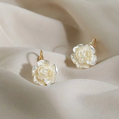 White Camellia Flower Dangle Earrings Women Elegant Summer Gift