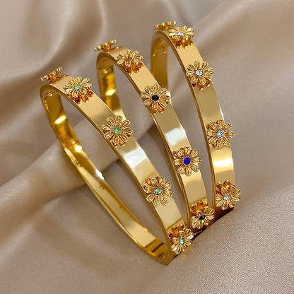 Chic Stainless Steel Wrist Bangles Flower Inlay Rhinestone Bracelet