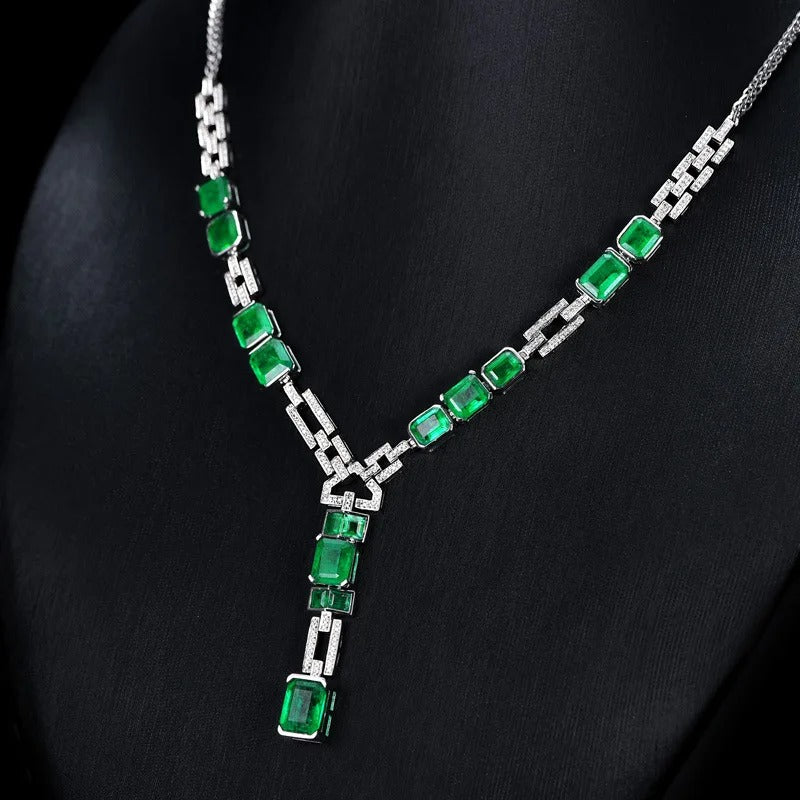 Luxury Silver Color Square Female Necklaces with Emerald And Zircon High End Banquet Cocktail Party Wear Jewelry Necklace
