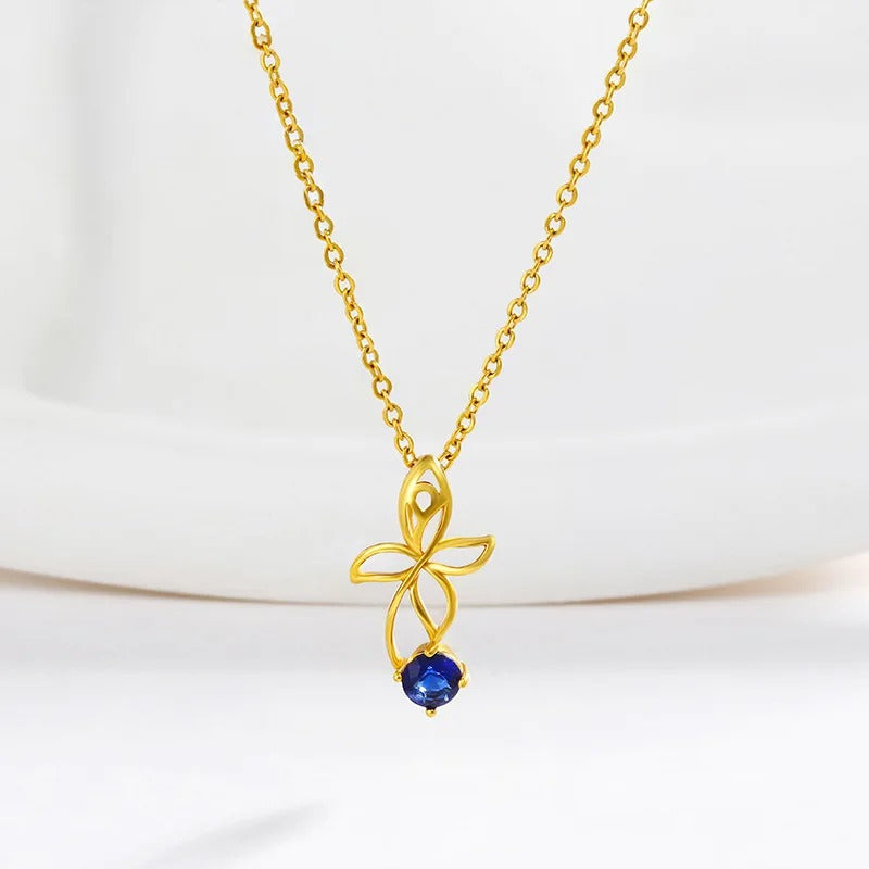 Fashion 18 K Gold Color Sapphire Flower Pendant Necklace for Women Bride Clavicle Chain Birthday Wedding Jewelry Gifts