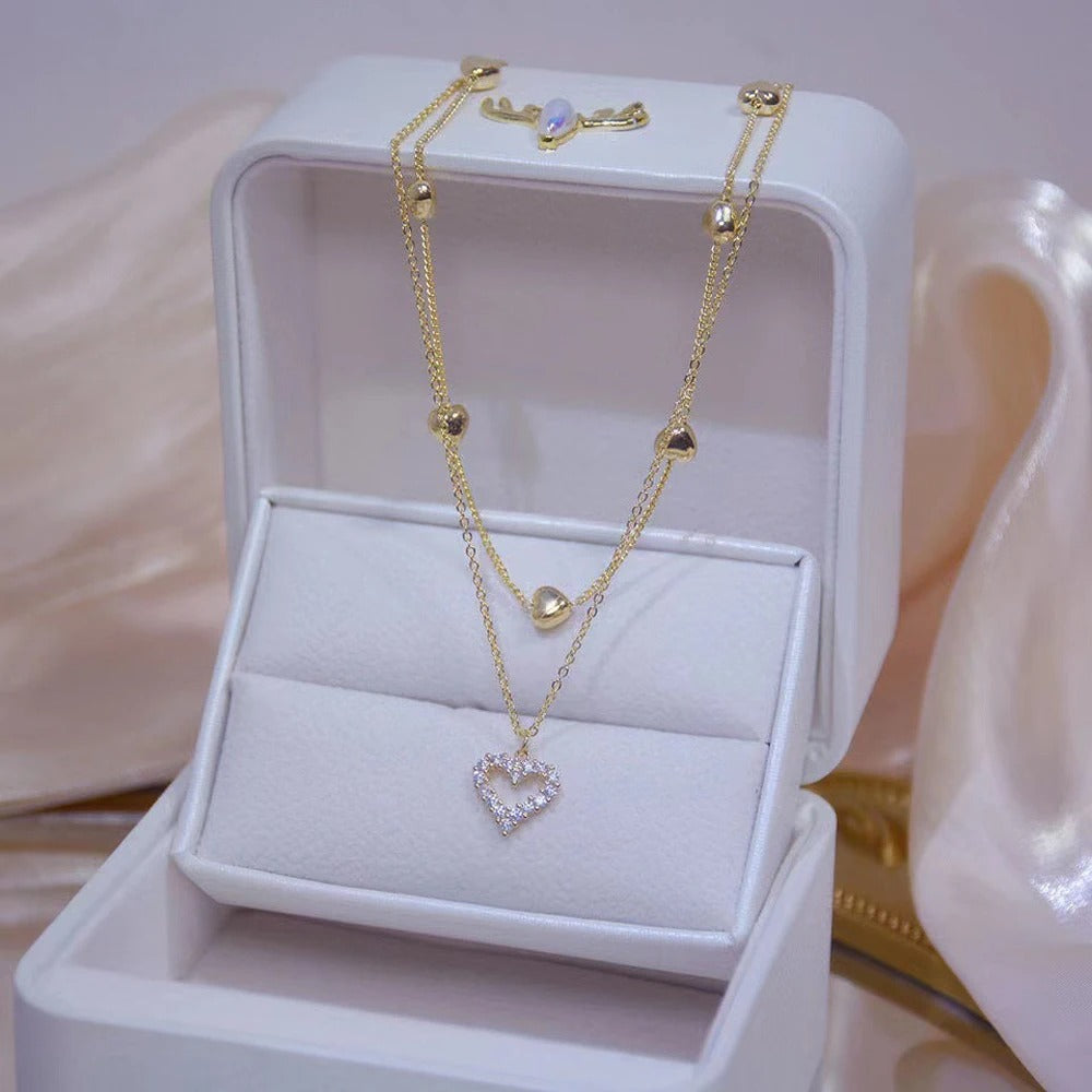 2025 New Gold Color Double Layer Heart Necklace Zircon For Women Clavicle Chain Elegant Charm Wedding Pendant Jewelry