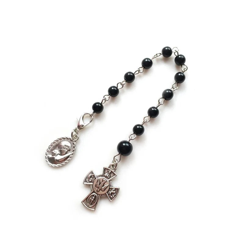 Vintage Black Glass Rosary Cross Bracelets For Men Women Religious Jewelry