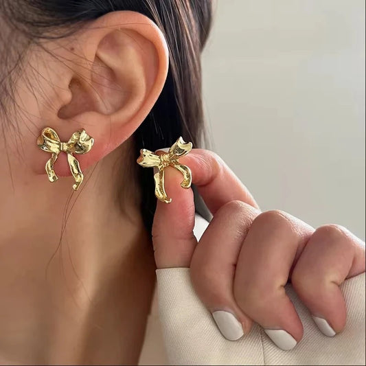FTCY Vintage Gold Bowknot Stud Earrings Sweet Elegant Women’s Party Jewelry