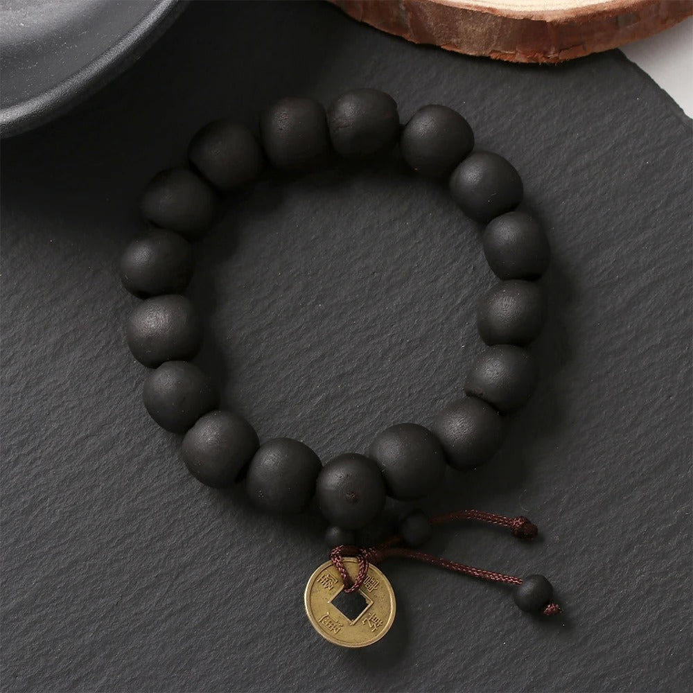 Wood Bead Buddha Bracelet Buddhist Prayer Copper Coin Jewelry