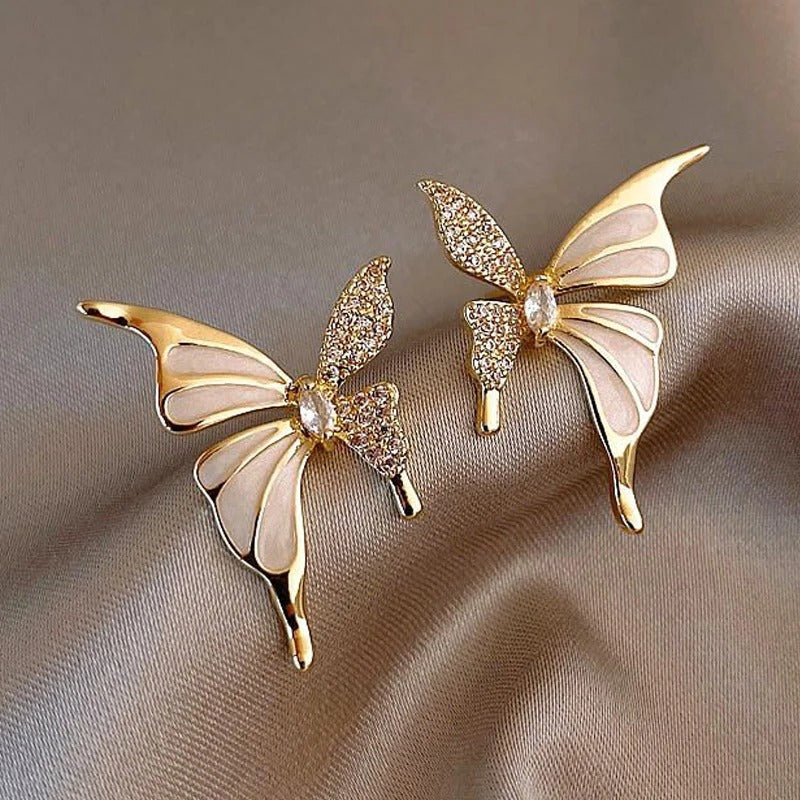 Butterfly Stud Earrings for Women White Enamel & Crystal Wings