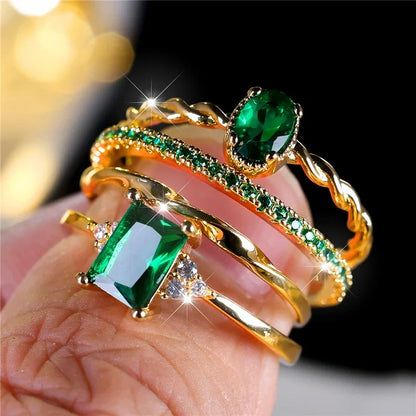 Luxury Green CZ Rings Bridal & Engagement Jewelry Set