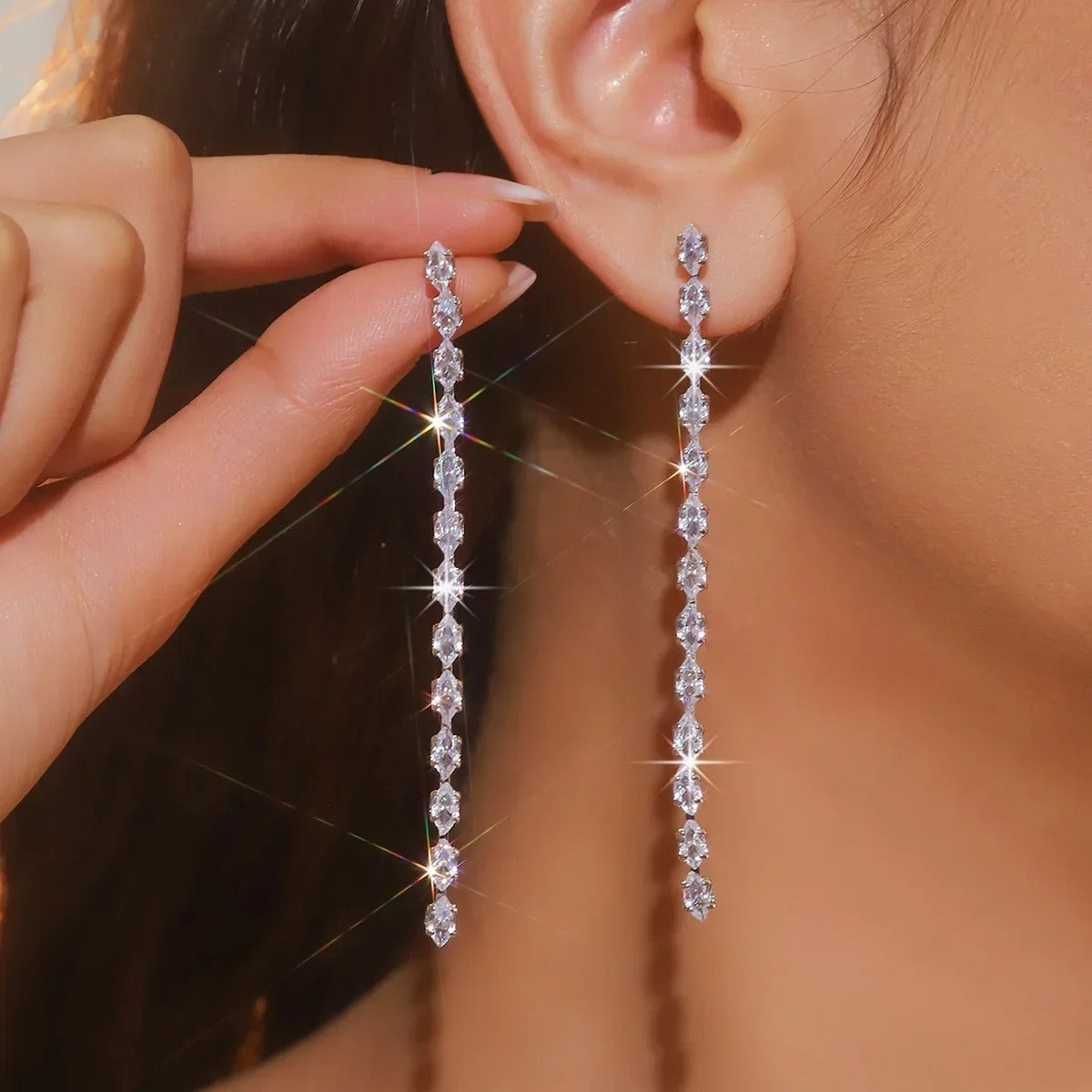 Simple Geometric Zircon Crystal Earrings for Women Gold Silver Color Long Tassel Dangle Earrings Party Weddings Jewelry