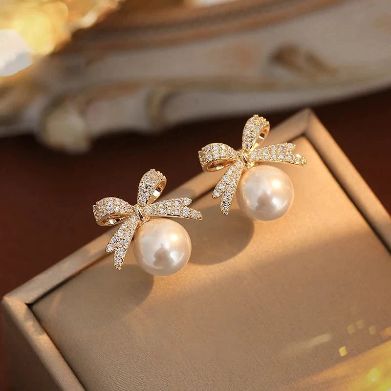 Elegant Micro Set Zircon Bowknot Pearl Pendant Earrings 2025 New Design Jewelry for Womens Girls Fashion Ear Accessories