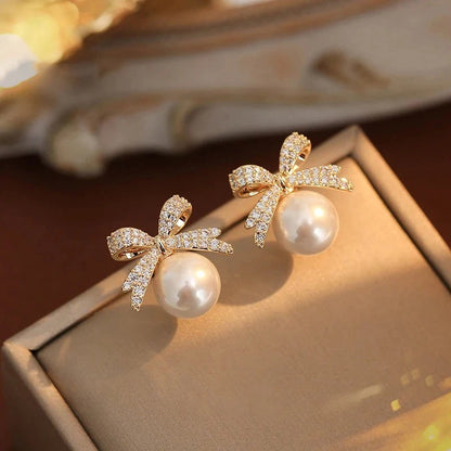 Elegant Micro Set Zircon Bowknot Pearl Pendant Earrings 2025 New Design Jewelry for Womens Girls Fashion Ear Accessories