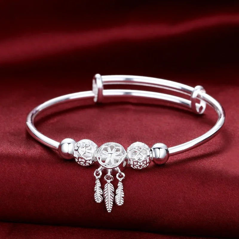Luxury 925 Sterling Silver Bead Ball Bracelets For Women Elegant Dreamcatcher Tassel Feather Adjustable Bracelet Party Jewelry