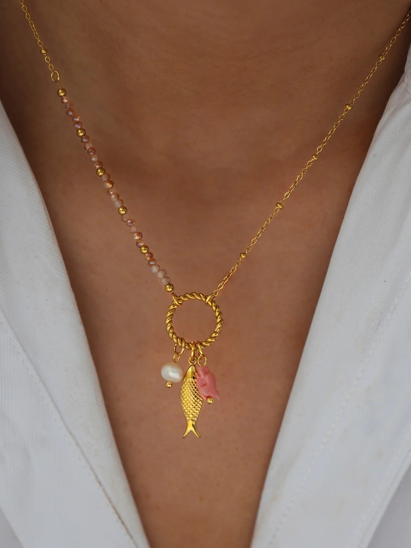 Stainless Steel Natural Freshwater Pearl Fish Shape Pendant Necklace For Women 18K Gold Plated Waterproof Jewelry For Vacation