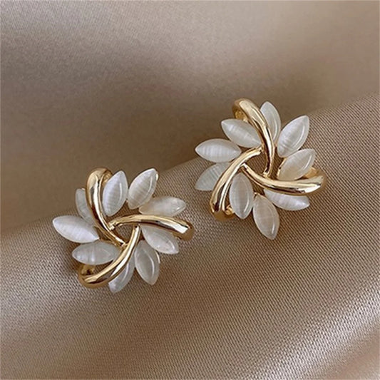 Opal Flower Stud Earrings with Crystal & Pearl for Women