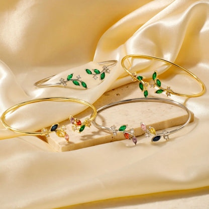 Leaf Zircon Open Bracelet Gold Color Stainless Steel Cuff Bracelet Tiny Hand Jewelry