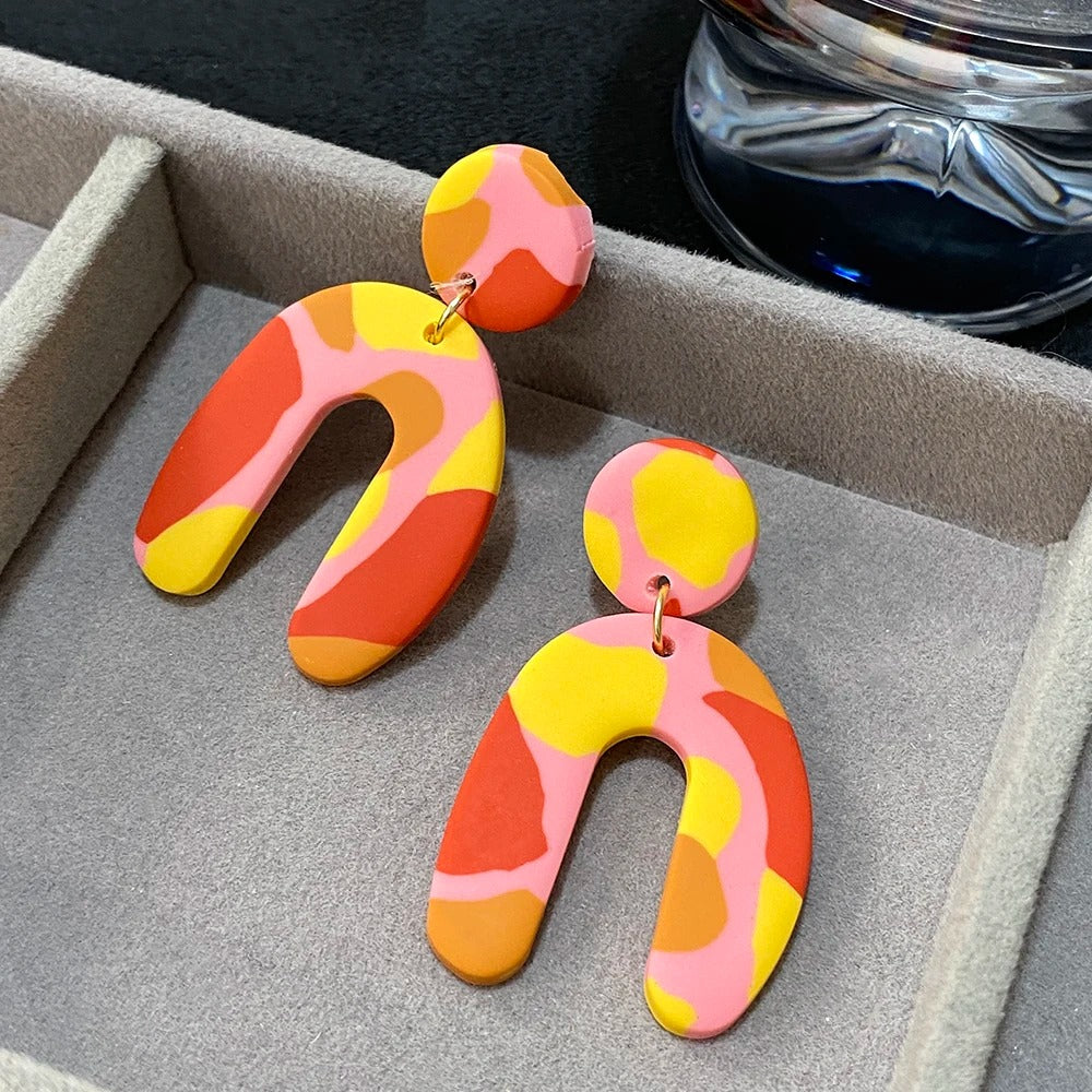 Colorful Arched Polymer Clay Drop Earrings Handmade Women