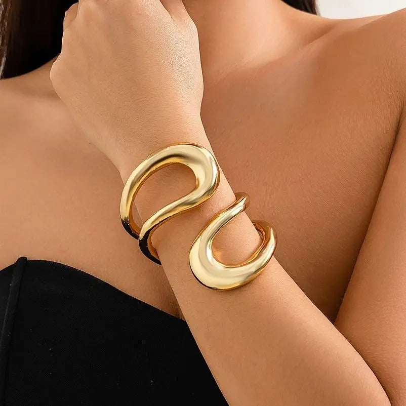 Gold Geometric Twisted Open Bangle Women’s Punk Metal Cuff Bracelet