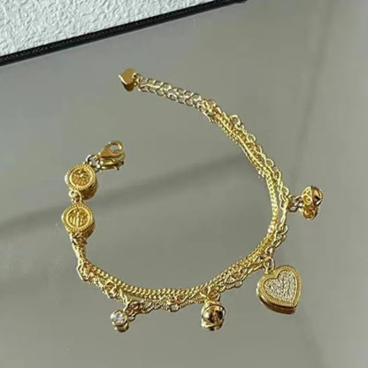 ANENJERY Gold Heart Zircon Bracelet Double Layer Charm Jewelry for Women