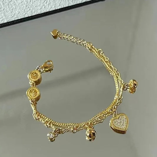 ANENJERY Gold Color Love Heart Zircon Pendants Bracelet Double Layer Chain Charm Valentine's Day Jewelry Gifts For Women Lovers