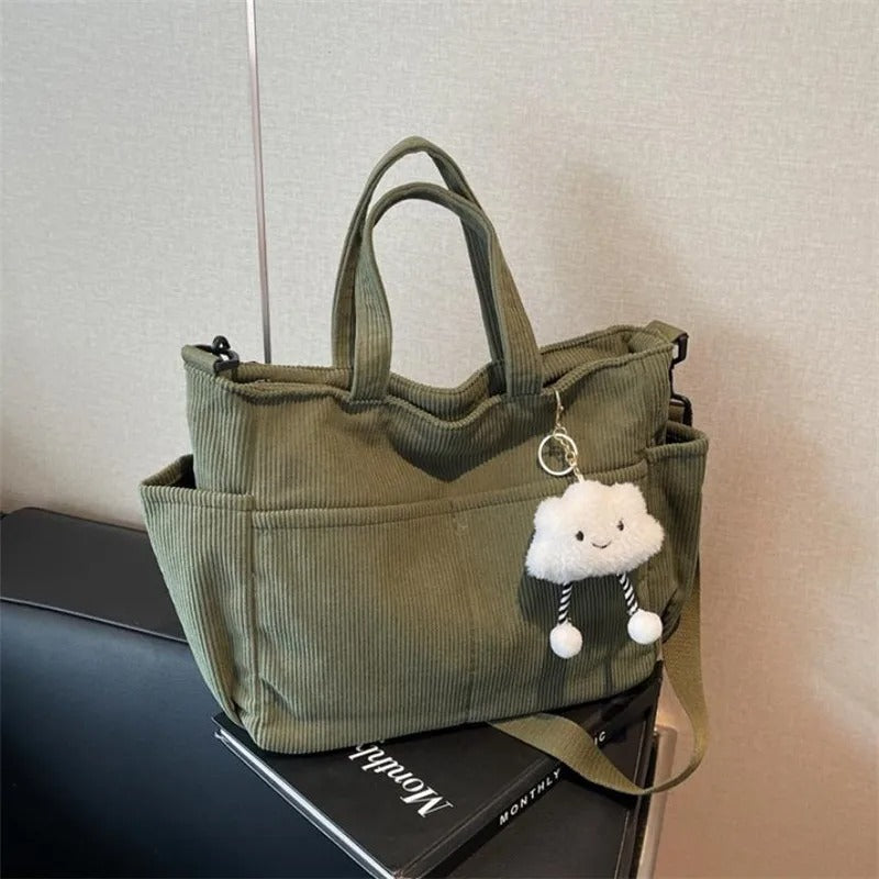 Corduroy Tote Bag with Zipper for Women