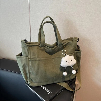 Corduroy Tote Bag with Zipper for Women