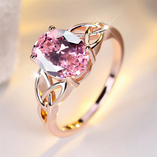 Pink Crystal Oval Ring for Women Vintage Rose Gold Bridal Jewelry