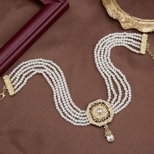 Sunspicems Chic Morocco Jewelry Bead Chain Choker Necklace For Women Gold Color Square Mesh Pendnat Arabic Bridal Wedding Bijoux