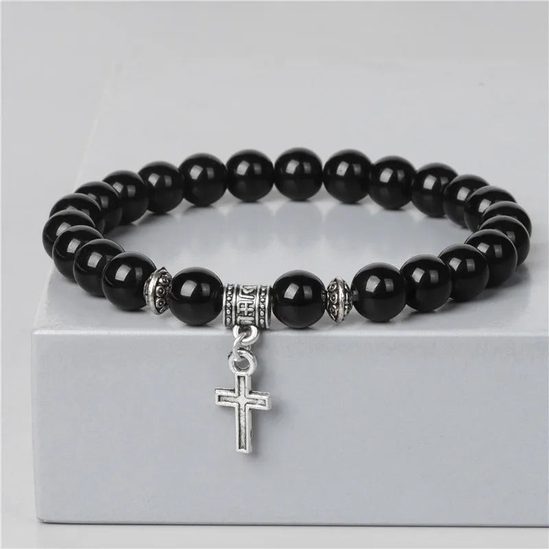 Men’s Trendy Silver Bead Bracelet with Cross Pendant & Natural Stone