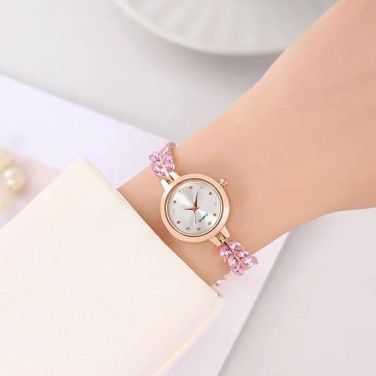 New fashionable colored diamond thin band diamond-encrusted round ladies' watch, freely adjustable bracelet watch, women's quart