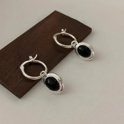 Sterling Silver Gold Round Earrings with Black Ball for Women