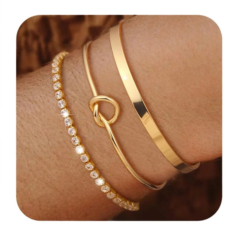 3-Pc Gold Plated Stainless Steel Bracelets for Women Zircon Bangles