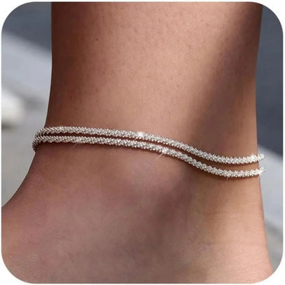 Layered Waterproof Anklet for Women Girls Adjustable Stackable Cross Pendant Sparkling Summer Beach Jewelry