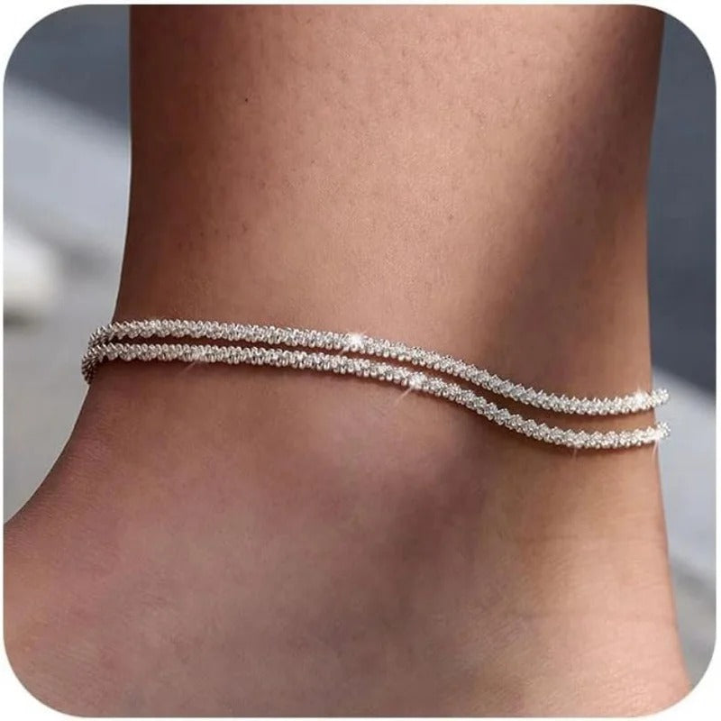Layered Waterproof Anklet for Women Girls Adjustable Stackable Cross Pendant Sparkling Summer Beach Jewelry