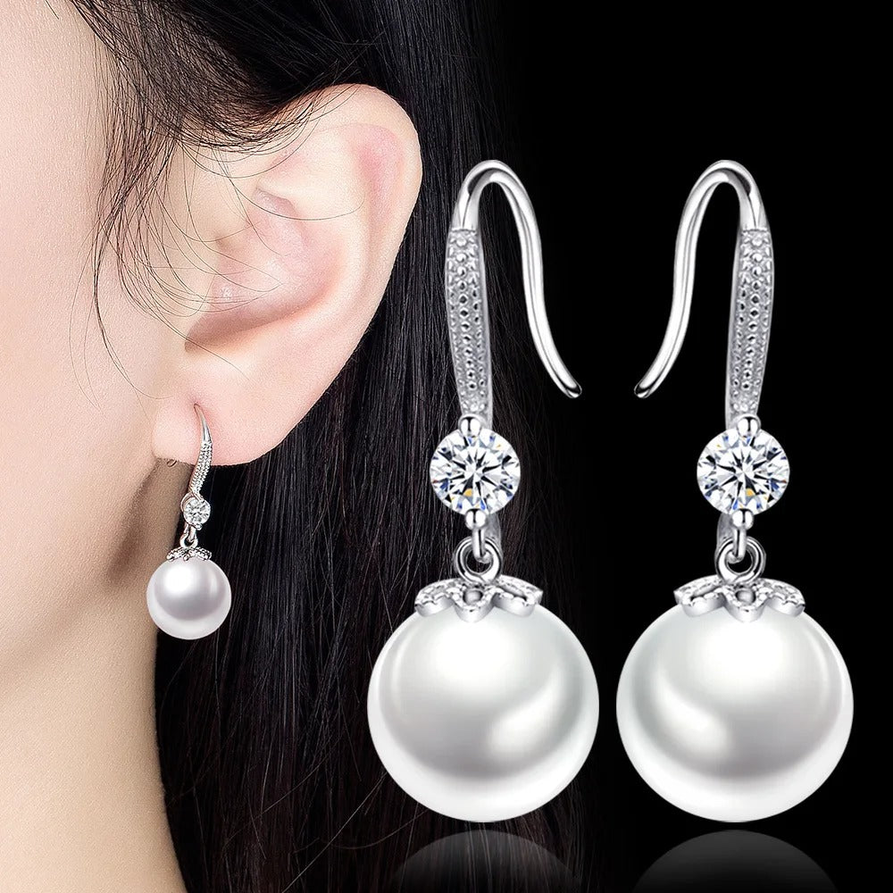 Sterling Silver Pearl & Zircon Earrings Women Party Jewelry