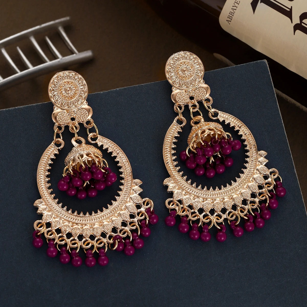 Boho Vintage Purple Beads Round Dangle Earrings for Women Fashion Gold Color Alloy Bells Tassel Earrings Wedding Jewelry