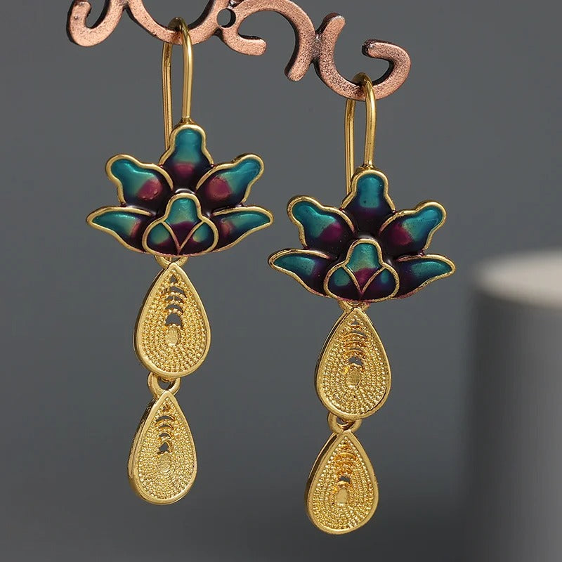 Blue Lotus Flower Drop Earrings for Women Ethnic Jewelry Golden Teardrop Metal Statement Dangle Earrings Gift