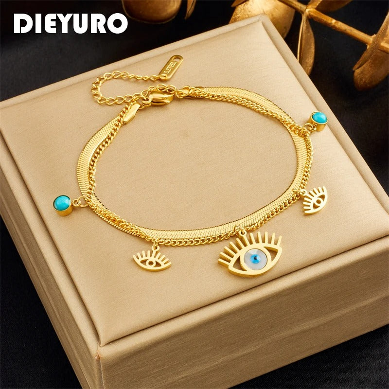 DIEYURO 316L Stainless Steel 2-Color Multilayer Retro Eyes Charm Bracelet For Women Girl New Waterproof Jewelry Gift Party