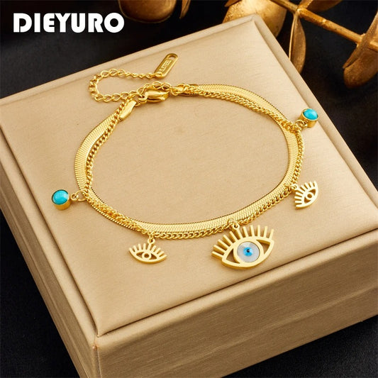 DIEYURO 316L Stainless Steel 2-Color Multilayer Retro Eyes Charm Bracelet For Women Girl New Waterproof Jewelry Gift Party