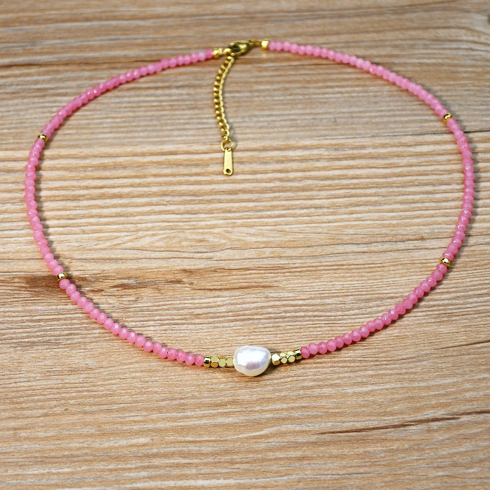 Boho Pink Crystal Beaded Freshwater Pearl Necklace for Women