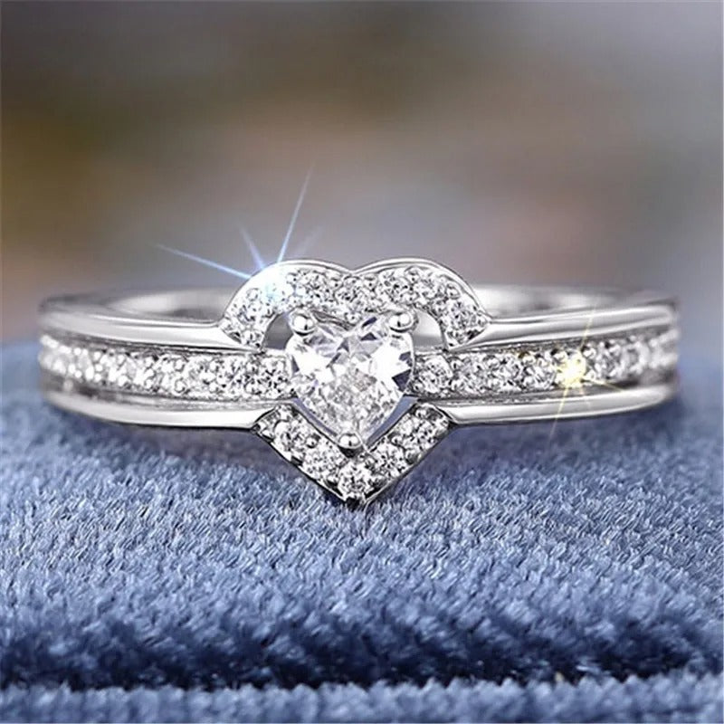 Silver Romantic Heart Zirconia Wedding Band Ring for Women