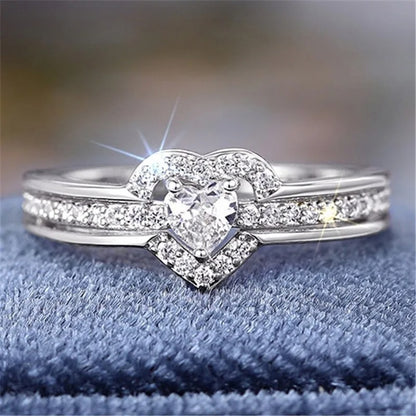 Silver Romantic Heart Zirconia Wedding Band Ring for Women