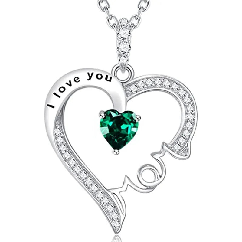 Mother's Day Women Necklace Love Green Cubic Zirconia Letter "I love you" Exquisite Anniversary Gift Mom Fashion Jewelry
