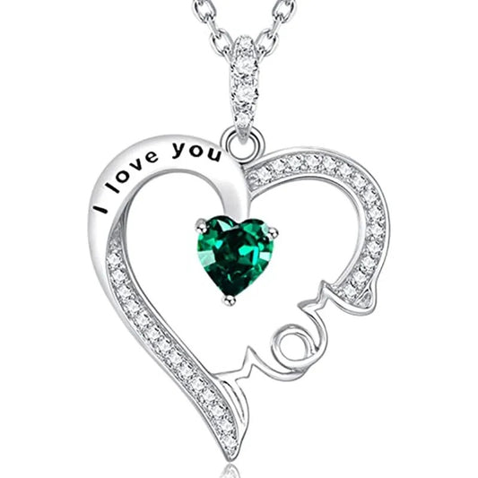 Mother's Day Women Necklace Love Green Cubic Zirconia Letter "I love you" Exquisite Anniversary Gift Mom Fashion Jewelry