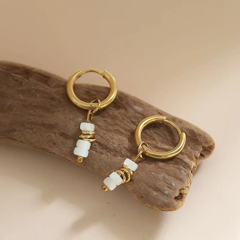 White Shell Beads Pendant Stainless Steel Hoop Earrings for Women Gold Plated Fashion Jewelry Gift